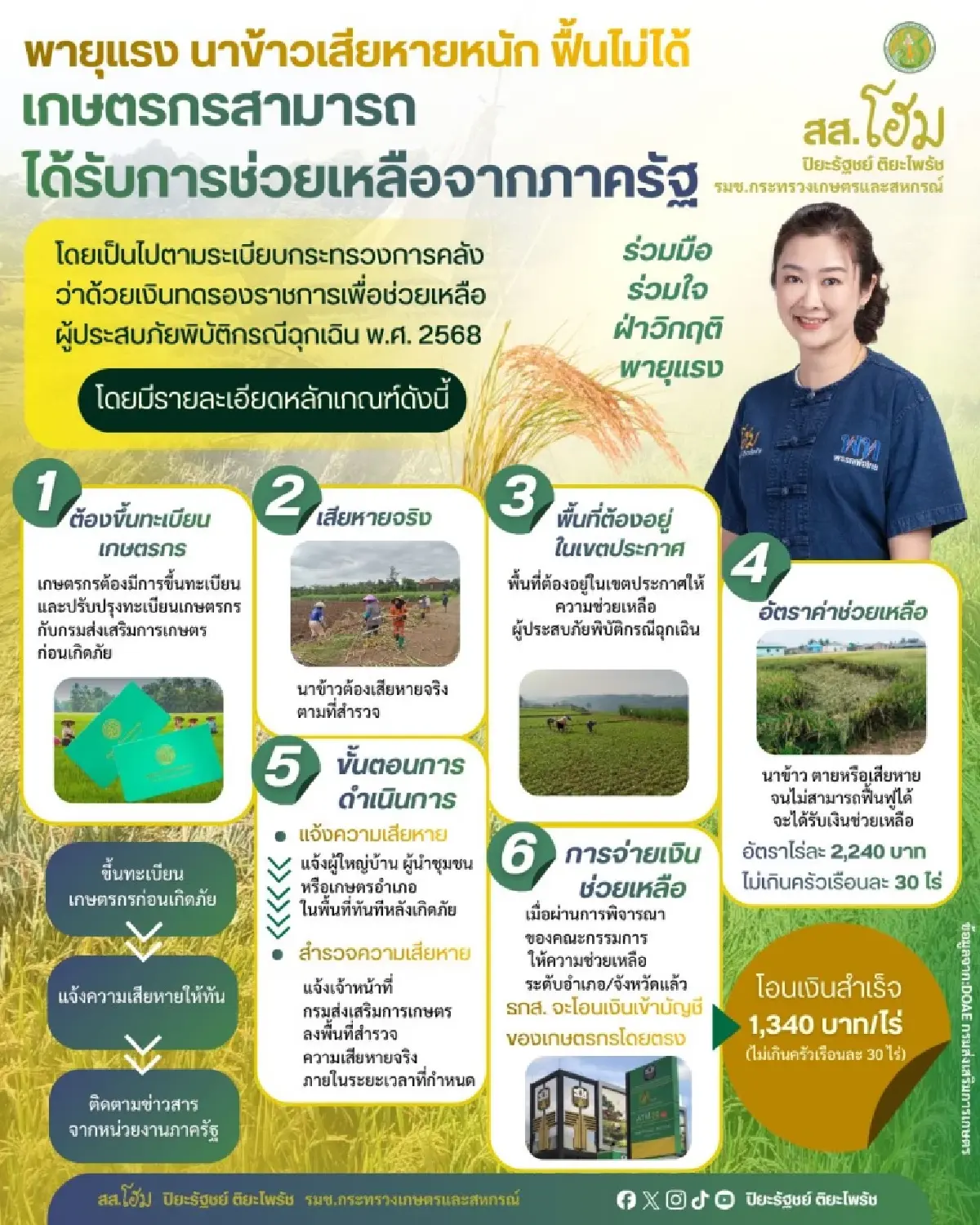 ลงทะเบียน เงินช่วยเหลือชาวนา ไร่ละ 2,240 บาท ธ.ก.ส. โอนตรง 67,200 บ.