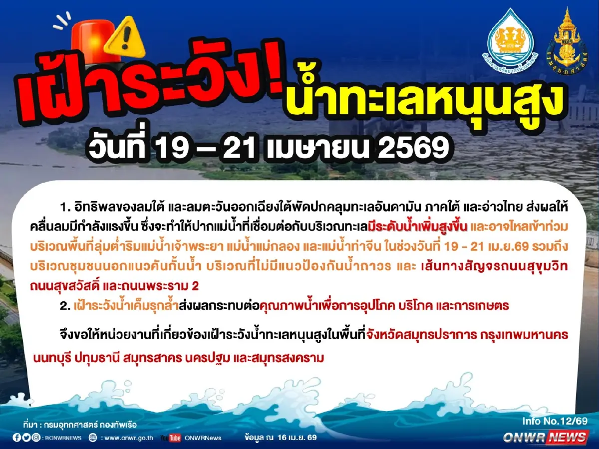 เปิดพิกัด 7 จังหวัดเสี่ยง! สทนช. เตือน น้ำทะเลหนุนสูง 19-21 เม.ย. 69