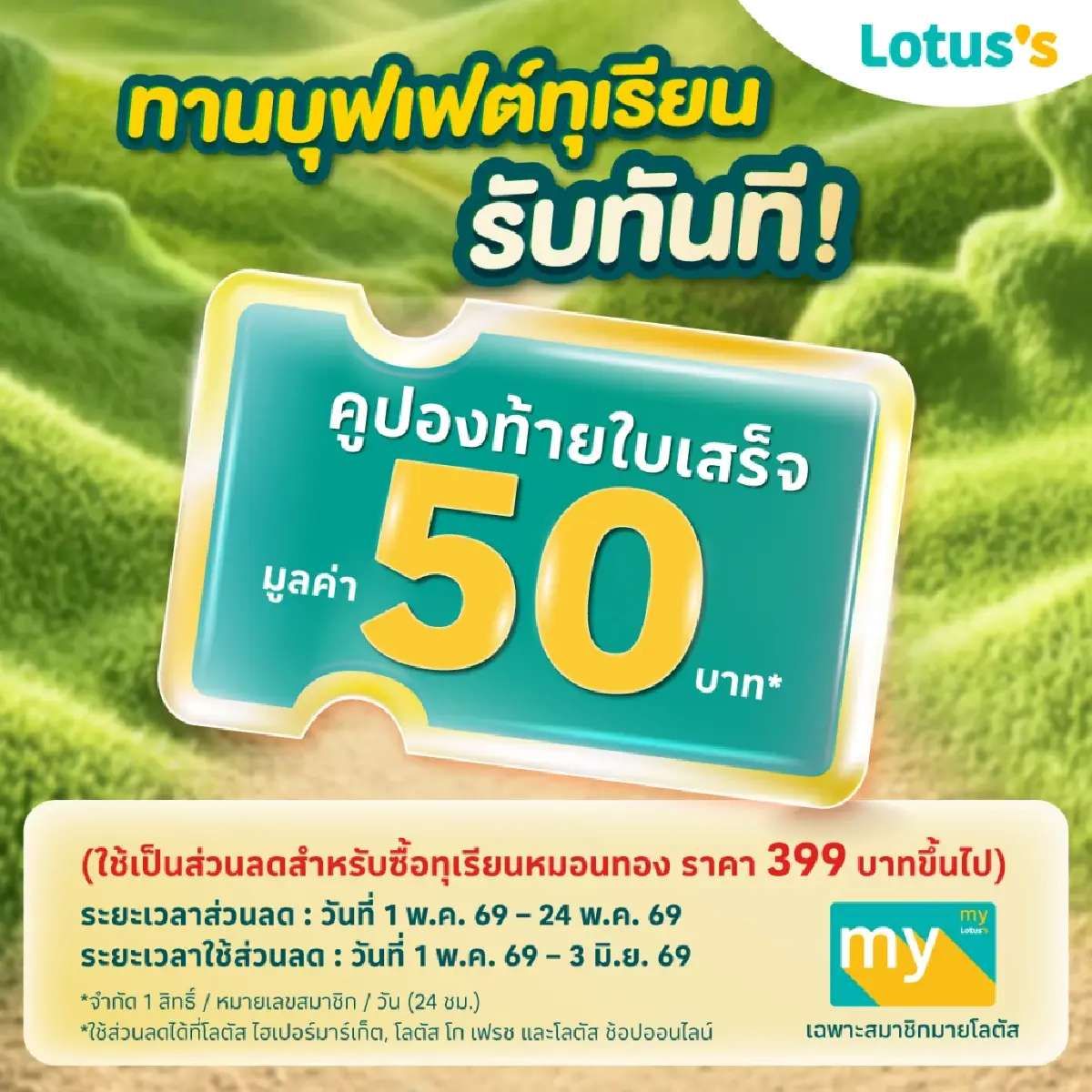 เริ่มบุฟเฟ่ต์ทุเรียน 2569 หมอนทองพรีเมียม กินไม่อั้น 1 ชม. ห้างดัง