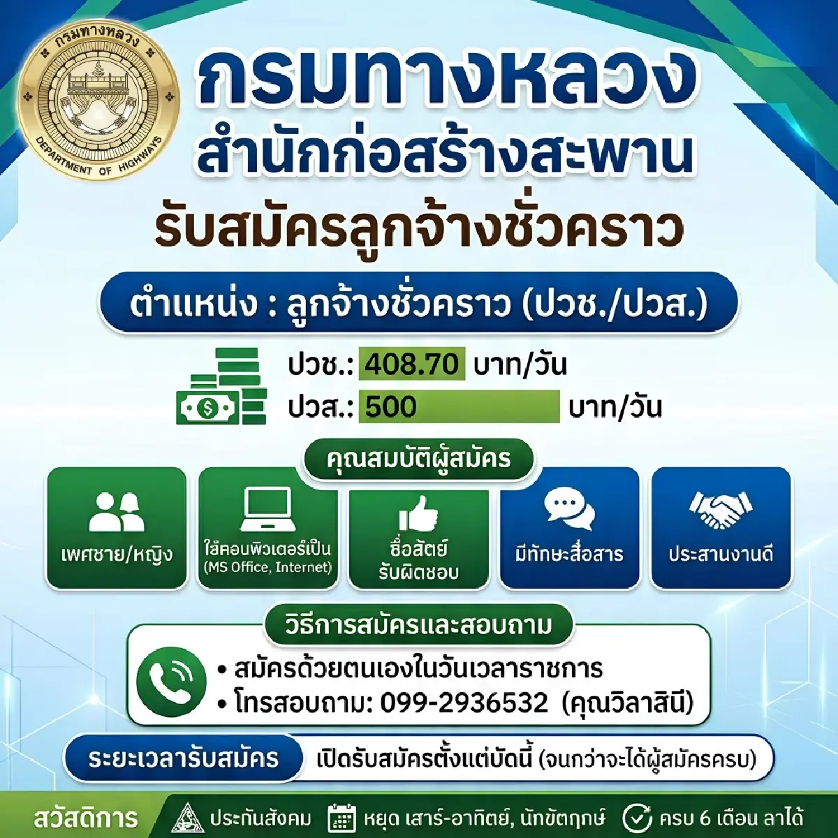 รับสมัครงาน 2569 ค่าจ้าง 500 บาท/วัน วุฒิ ปวช. ปวส. รับด่วน มีวันหยุด