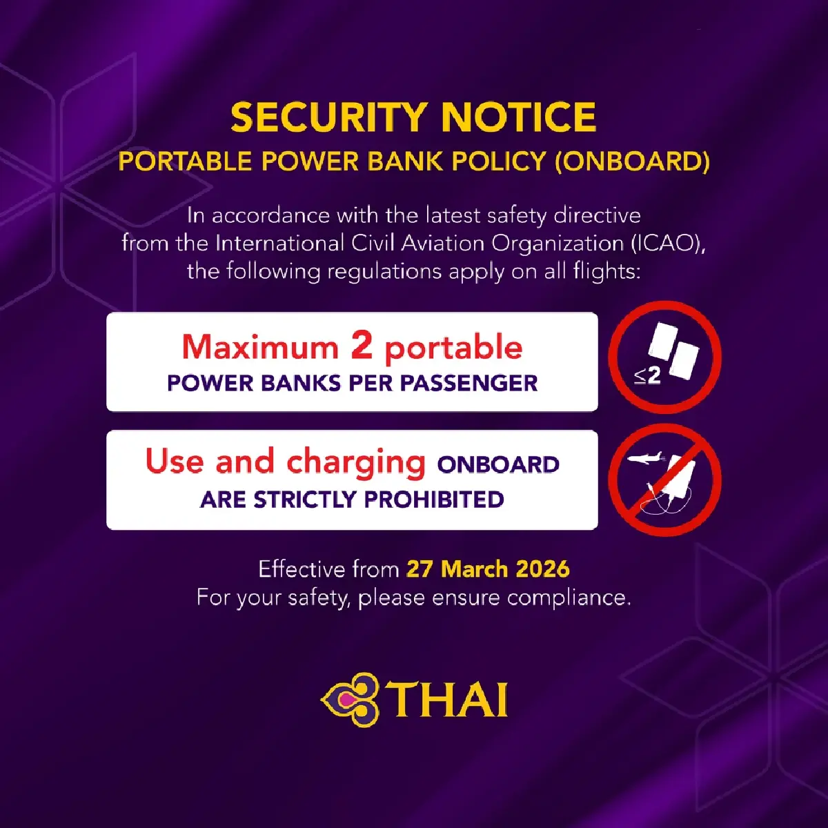 'การบินไทย' เตือนผู้โดยสาร นำ Power Bank ขึ้นเครื่องได้ 2 ก้อนต่อคน