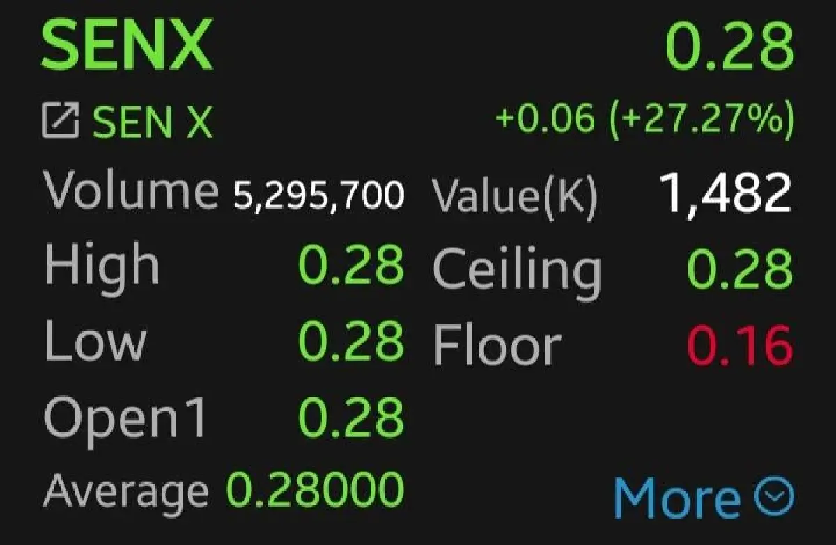 หุ้น SENX พุ่งแรง 27.27% หลังพบบิ๊กล็อตเกือบ 20% ยันโครงสร้างบริหารยังเหมือนเดิม