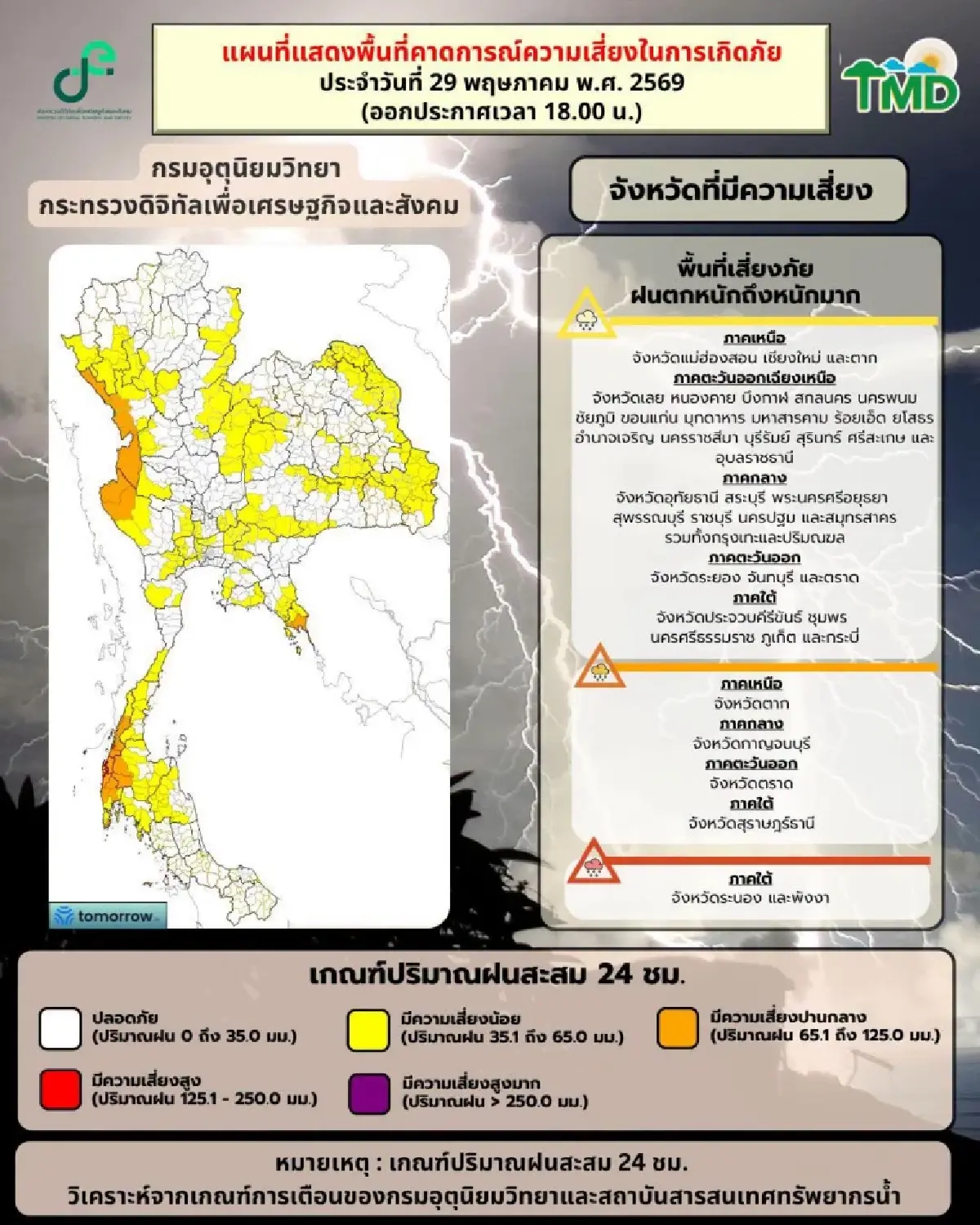 มรสุมถล่ม อุตุฯ เตือน ฉ.6 ฝนตกหนักยาวถึง 1 มิ.ย. เสี่ยงน้ำท่วม กทม. ฝนวันนี้ 60% ของพื้นที่