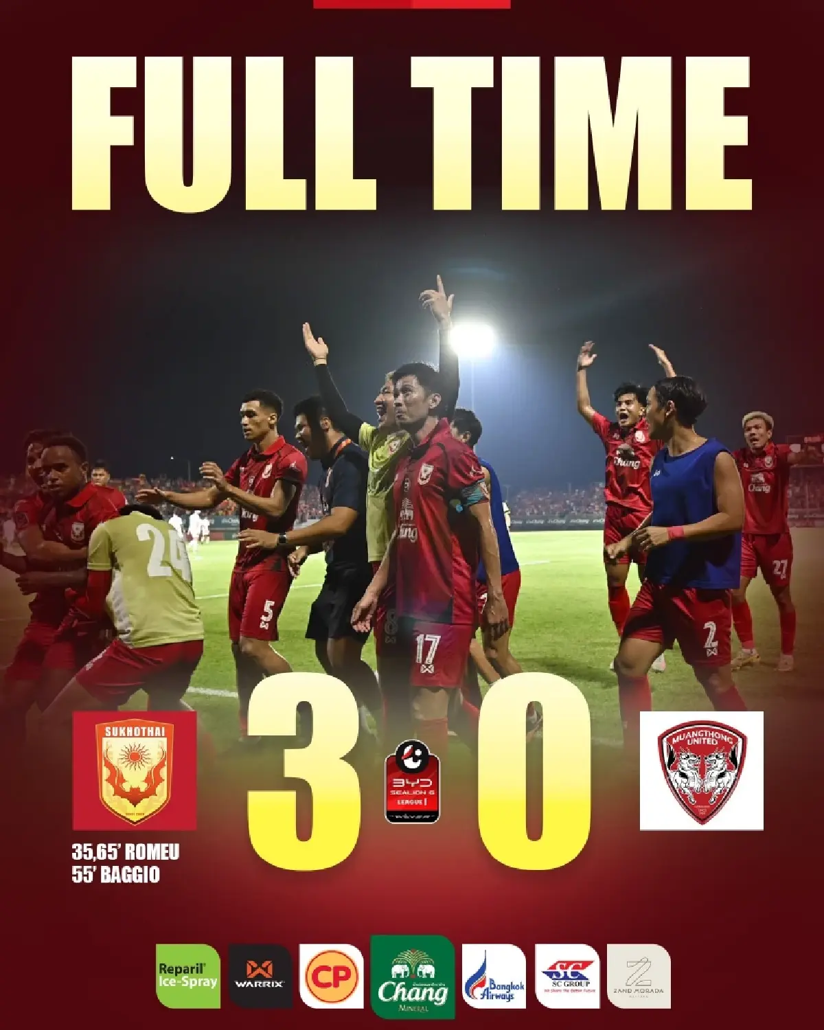 ปิดตำนาน 17 ปี! เมืองทอง ตกชั้นไทยลีก หลังบุกพ่าย สุโขทัย 0-3