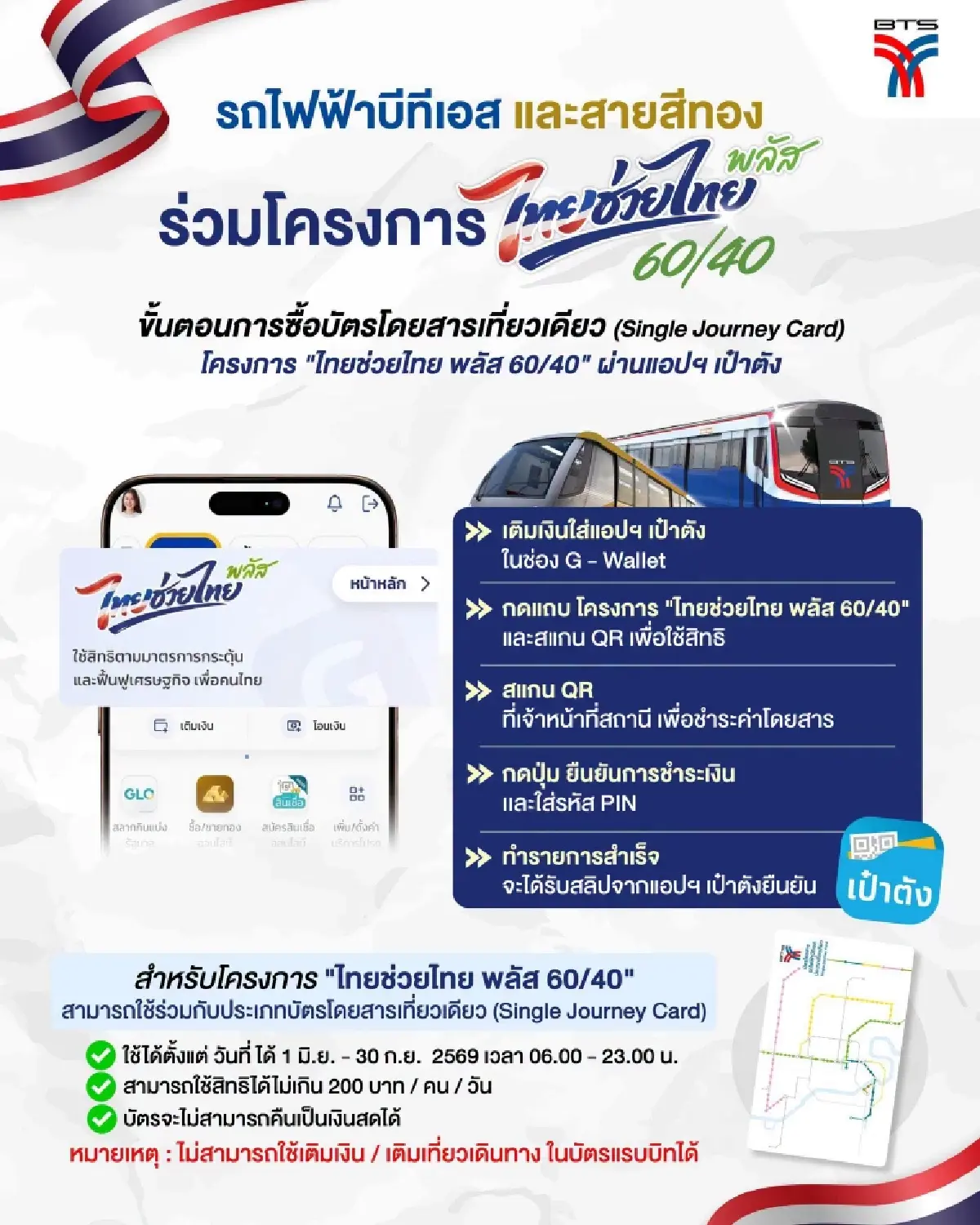 เฮ! รถไฟฟ้าบีทีเอส-สายสีทอง-สายสีเหลือง ร่วม "ไทยช่วยไทยพลัส" จ่ายผ่านแอปเป๋าตัง เริ่ม 1 มิ.ย.