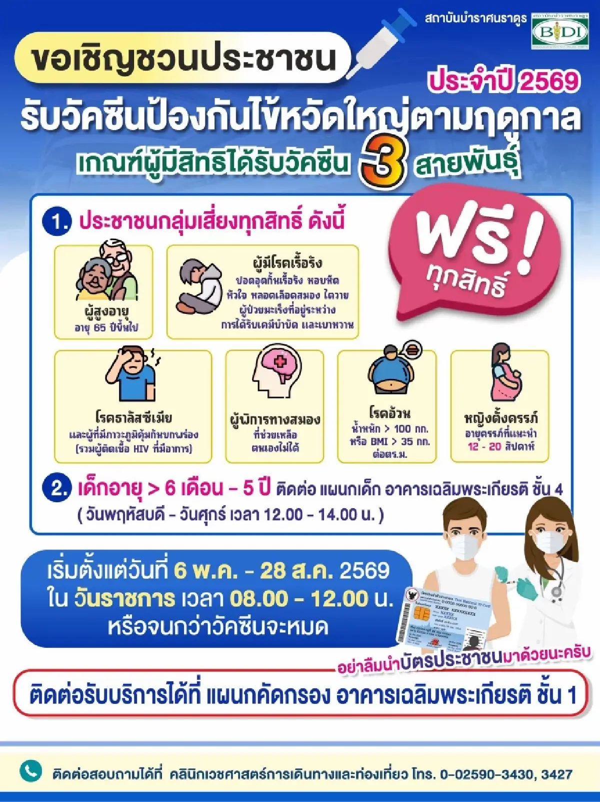 สถาบันบำราศนราดูร เปิดเกณฑ์กลุ่มเสี่ยง รับวัคซีนไข้หวัดใหญ่ฟรี