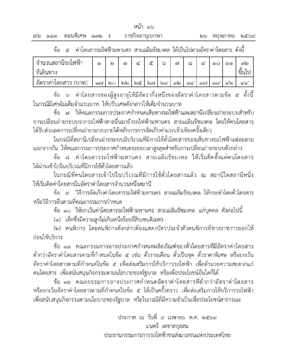 ราชกิจจาฯ ประกาศ อัตราค่าโดยสารใหม่ "MRT สายสีน้ำเงิน" 17-44 บาท เริ่ม 3 ก.ค.นี้