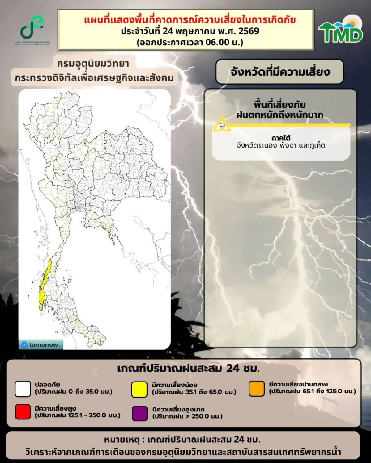 ฝนถล่มภาคใต้ ตกหนักร้อยละ 60 กทม. ฟ้าคะนอง เช็กพื้นที่ฝนตกวันนี้