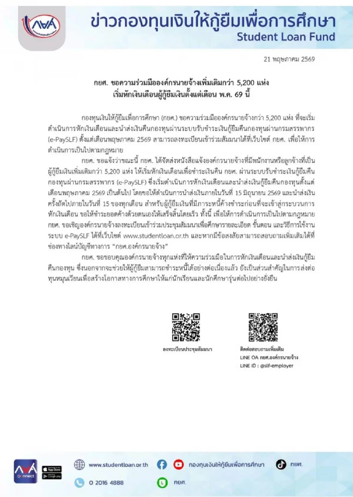 กยศ. จ่อหักเงินเดือนผู้กู้ผ่านนายจ้างเพิ่มกว่า 5,200 แห่ง เริ่ม พ.ค.69