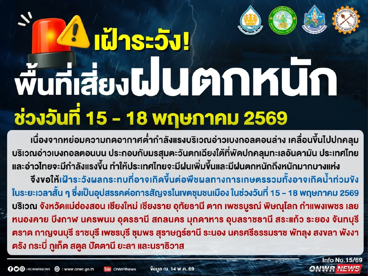 ประกาศ พื้นที่เสี่ยงน้ำท่วม ฝนตกหนัก 37 จังหวัด ช่วง 15-18 พ.ค.