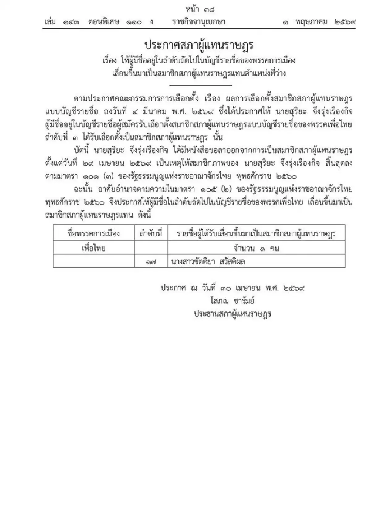ราชกิจจาฯแพร่ 'ขัตติยา' เลื่อนขึ้น สส.บัญชีรายชื่อ แทน 'สุริยะ'