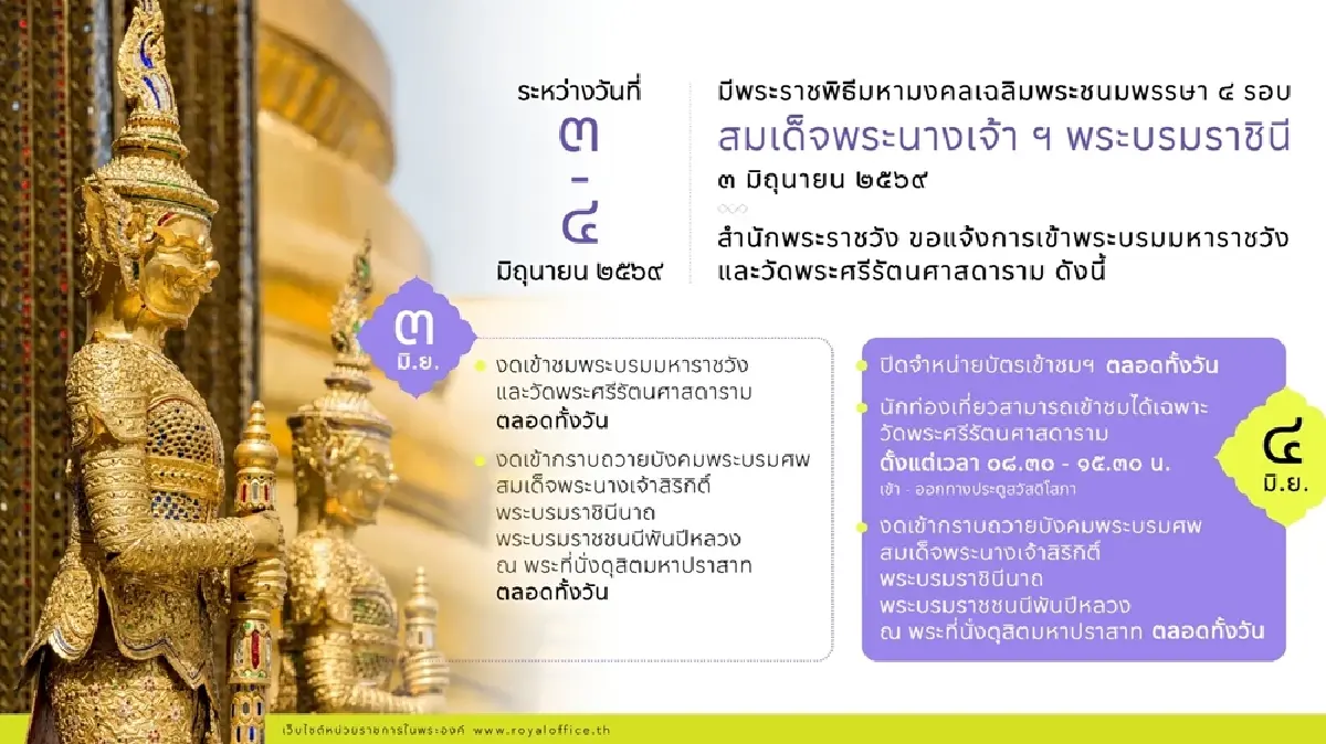 แจ้งการเข้าชมพระบรมมหาราชวัง วัดพระแก้ว 3-4 มิ.ย. 69 งดกราบพระบรมศพฯ ตลอดวัน