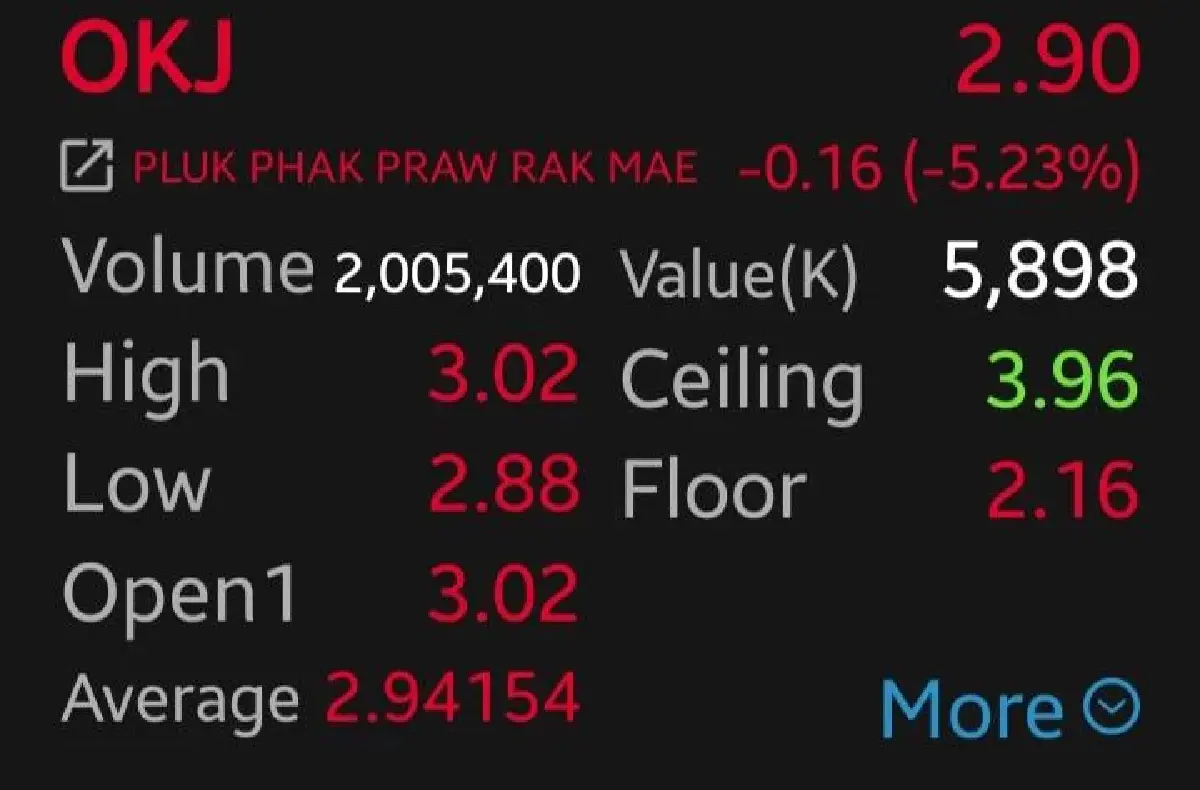 หุ้น OKJ ร่วง 5.23% พลิกขาดทุน Q1/69 กำลังซื้อทรุด โบรกชี้ร้านอาหารแข่งเดือด-ต้นทุนพุ่ง