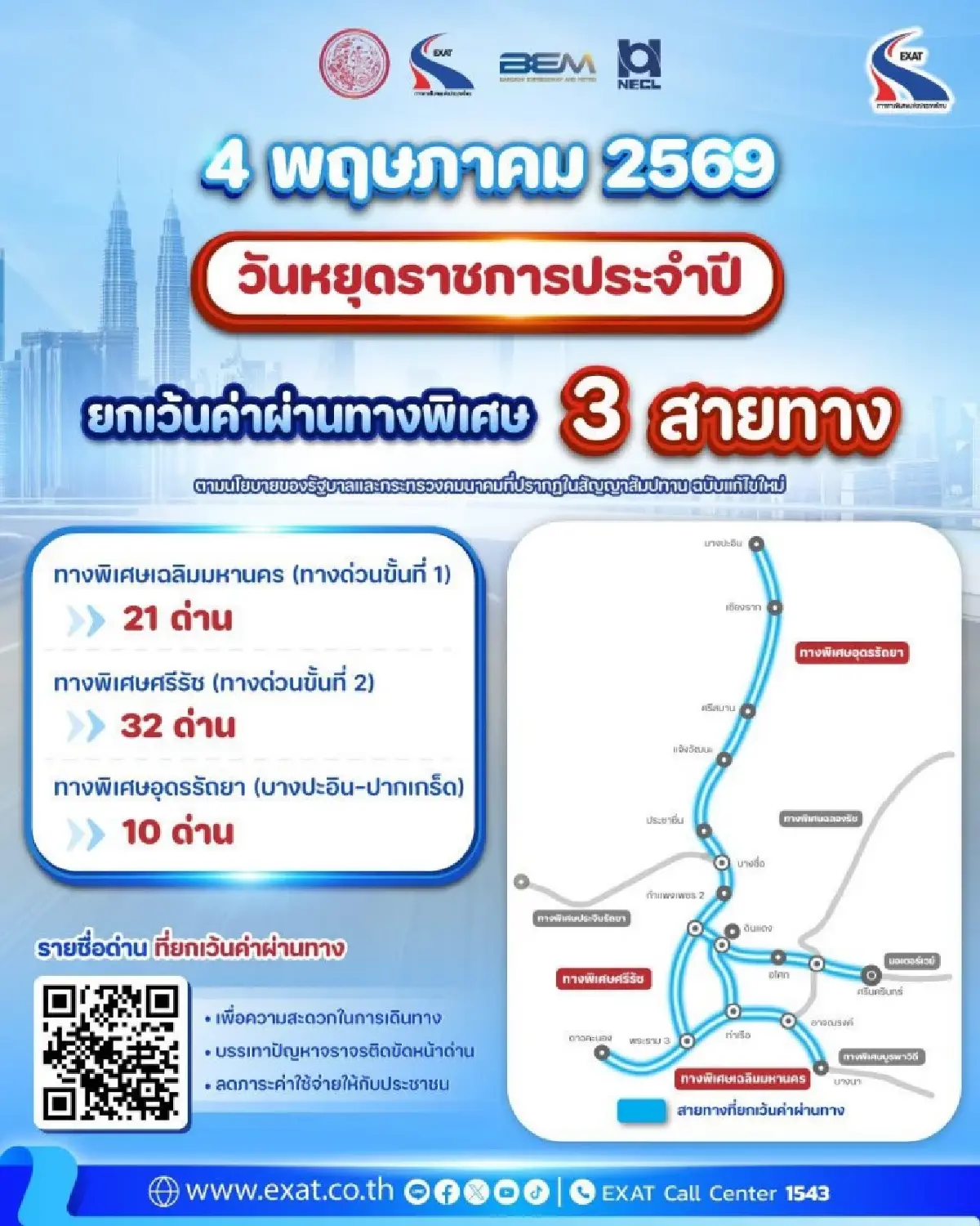 4 พฤษภาคม 2569 วันฉัตรมงคล ขึ้นทางด่วนฟรี กทพ. ยกเว้นค่าผ่านทาง 3 สายทาง