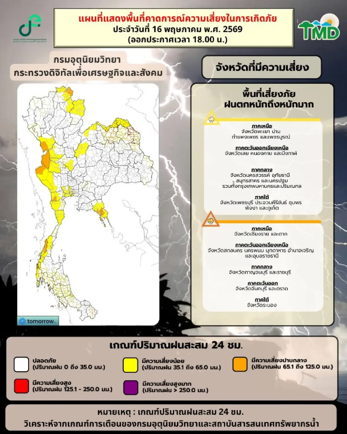 เตือน ฉ.8 ทั่วไทยฝนตกหนัก เสี่ยงน้ำท่วม 16-18 พ.ค. ทะเลคลื่นแรง เรือเล็กงดออกจากฝั่ง