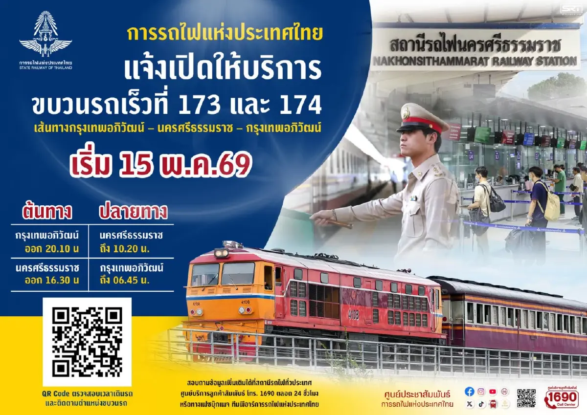 รฟท. เปิดวิ่งรถเร็วขบวน 173/174 กรุงเทพฯ-นครศรีฯ เริ่ม 15 พ.ค. นี้