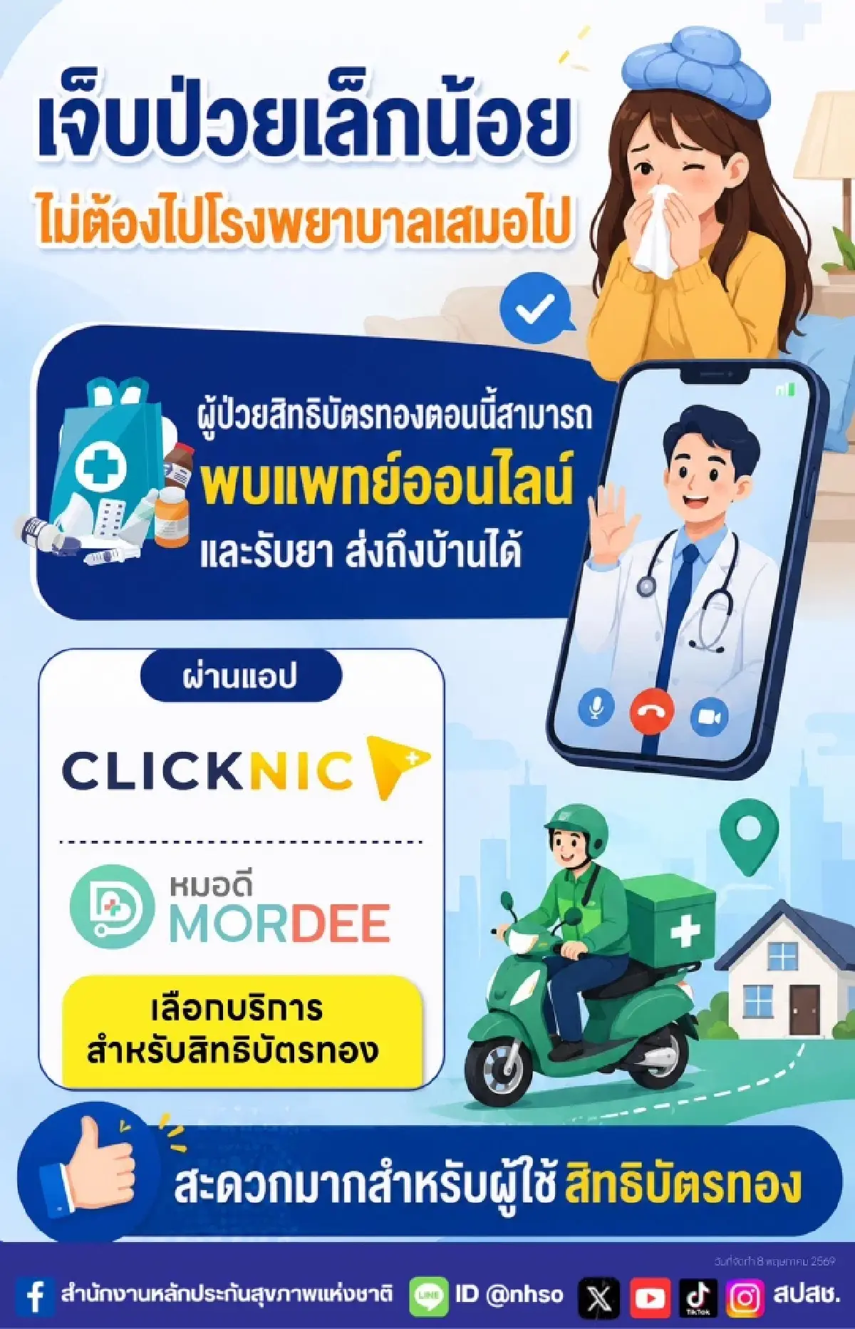 สปสช. แนะผู้ใช้สิทธิบัตรทอง เจ็บป่วยเล็กน้อย พบแพทย์ออนไลน์ รับยาส่งถึงบ้าน