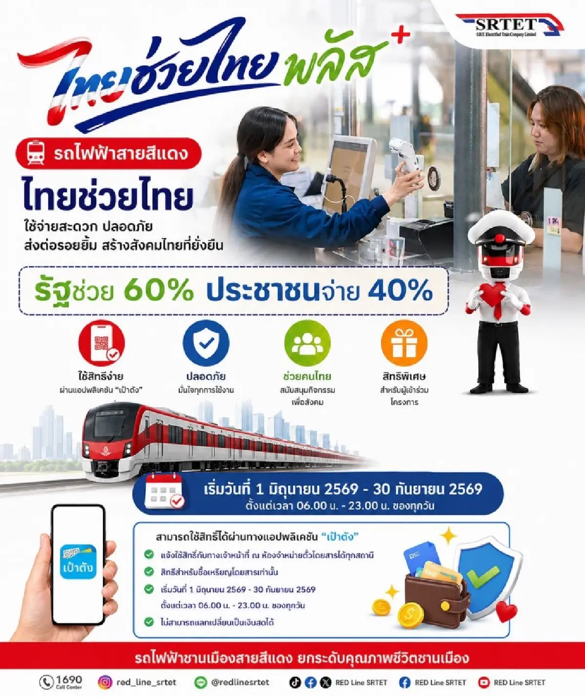 ‘ไทยช่วยไทยพลัส’ รถไฟฟ้าสายสีแดง ใช้สิทธิผ่านแอปเป๋าตังได้