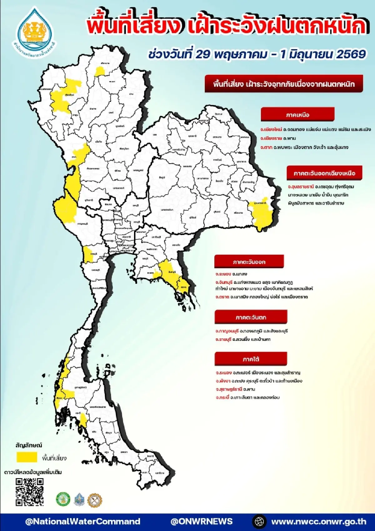สทนช. เตือน 13 จังหวัด เฝ้าระวังฝนตกหนัก มรสุมถล่ม 29 พ.ค. - 1 มิ.ย.
