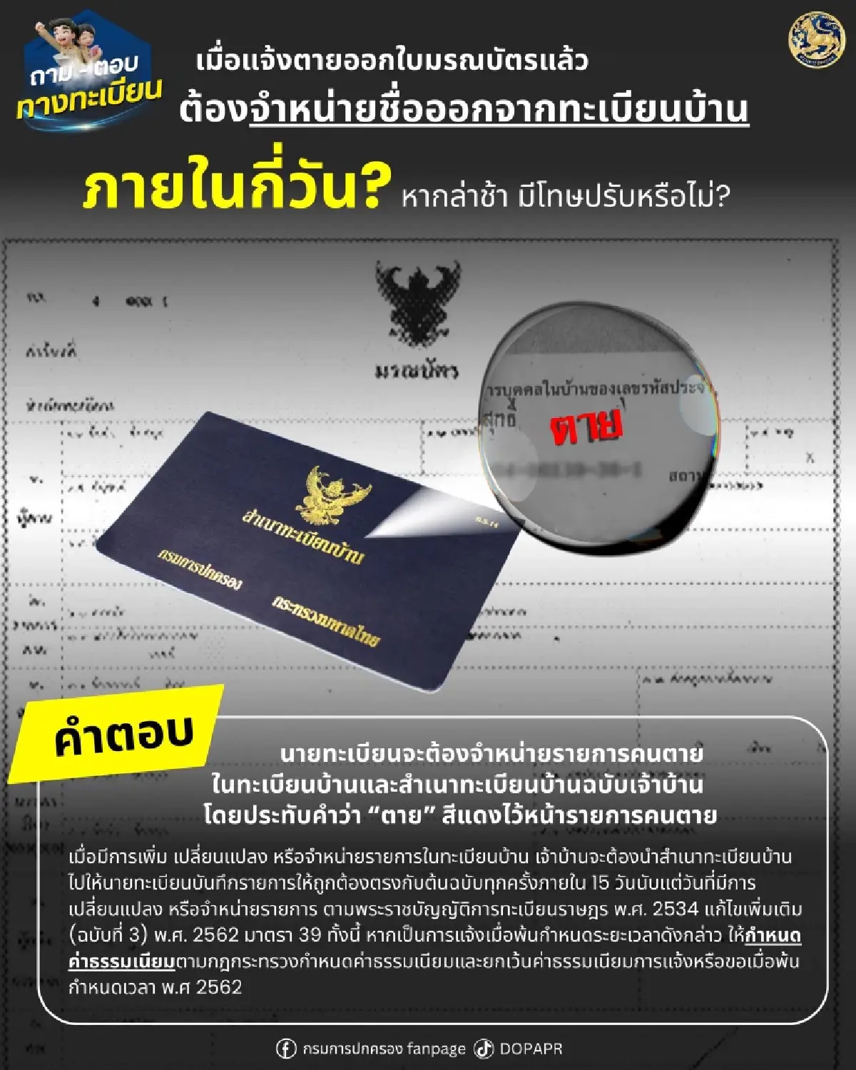 แจ้งตายแล้วต้องทำไง? จำหน่ายชื่อออกจากทะเบียนบ้าน ช้าไปโดนปรับ