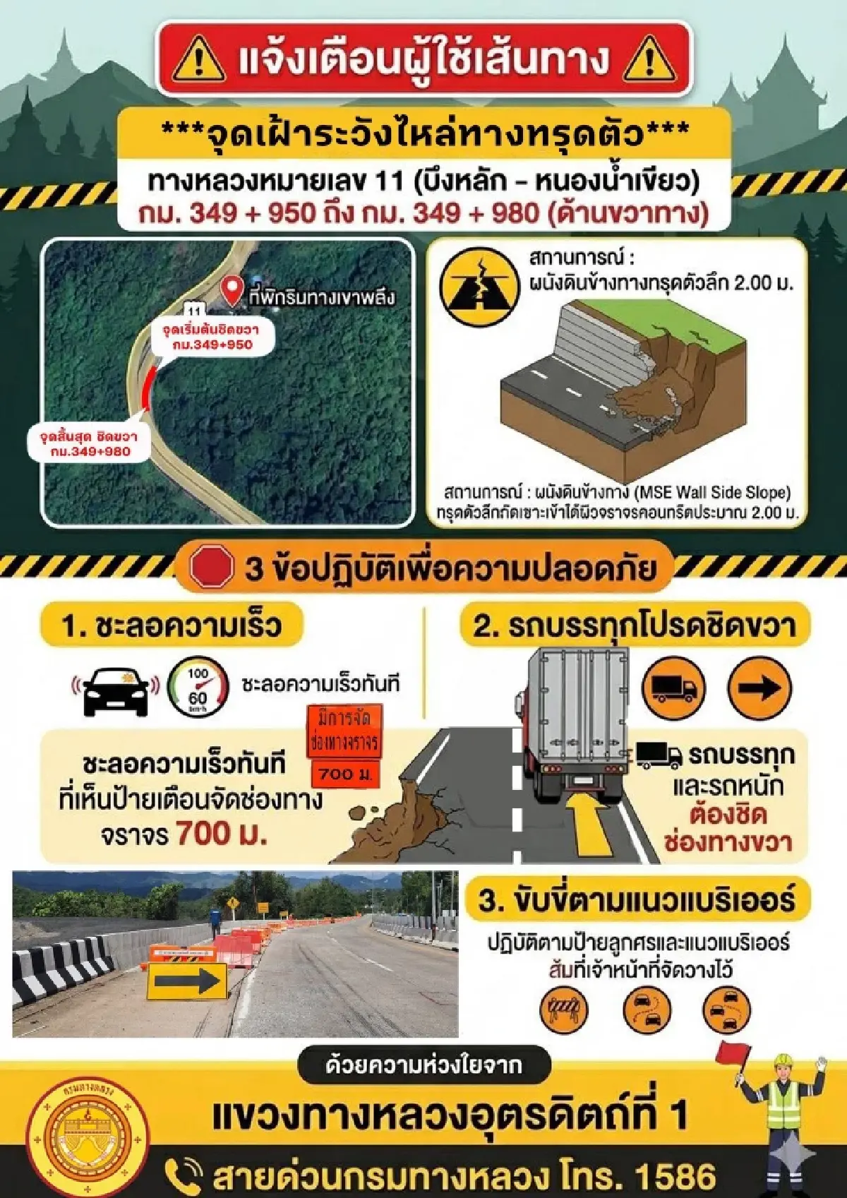 ด่วน! 'เขาพลึง' ถนนทรุดหนัก ผู้ใช้ทางงดชิดซ้าย รถใหญ่เลี่ยงเลย