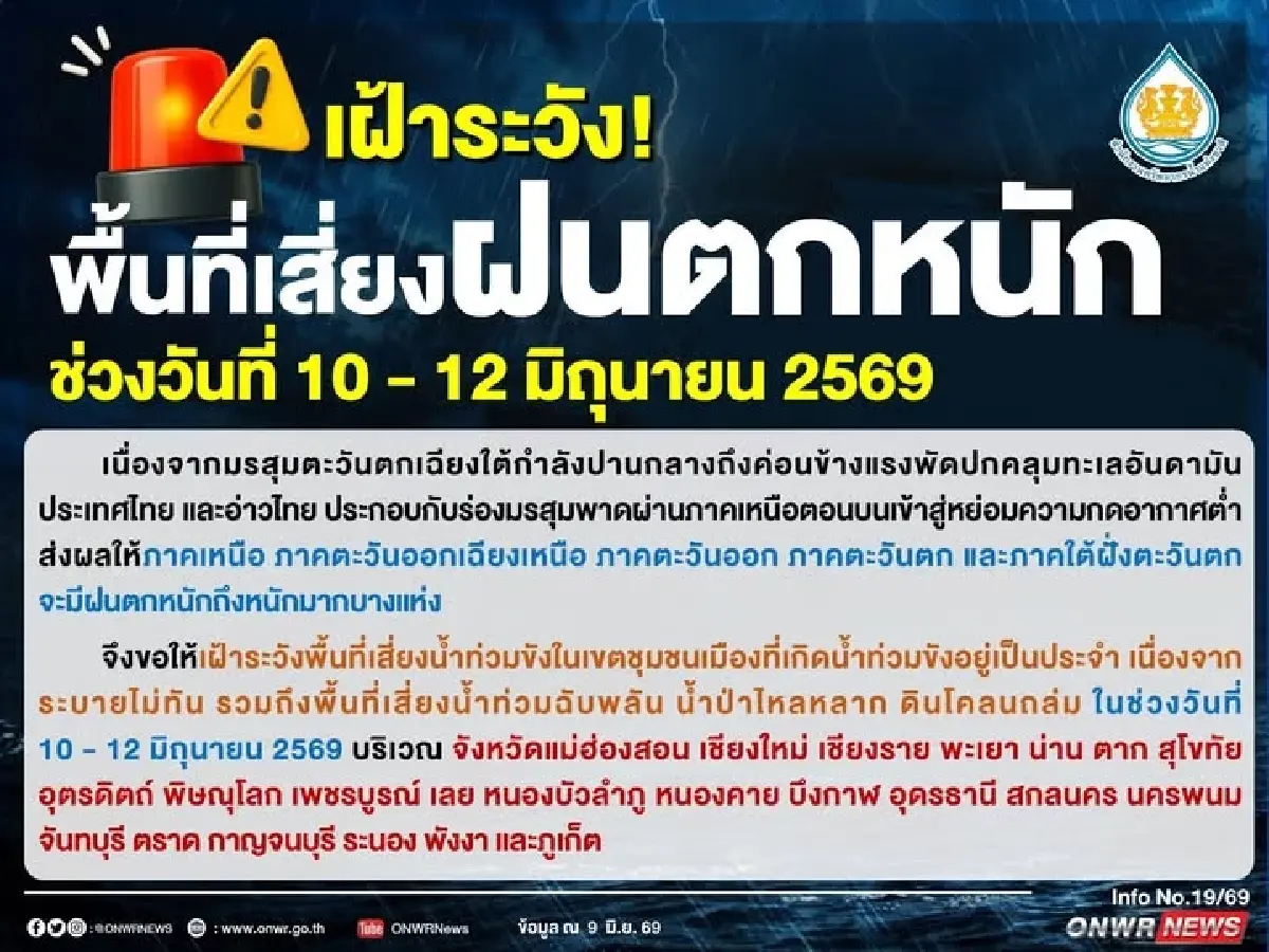 เปิดรายชื่อ 24 จังหวัด ฝนตกหนัก เสี่ยงน้ำท่วมฉับพลัน 10-12 มิ.ย. 69