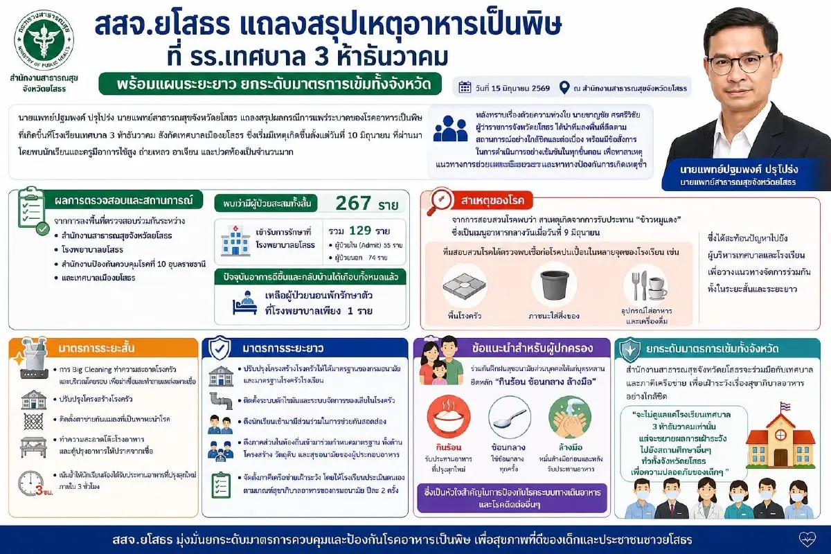 เปิดผลสอบ อาหารเป็นพิษ รร.เทศบาล 3 ยโสธร สั่งยกระดับโรงครัวด่วน