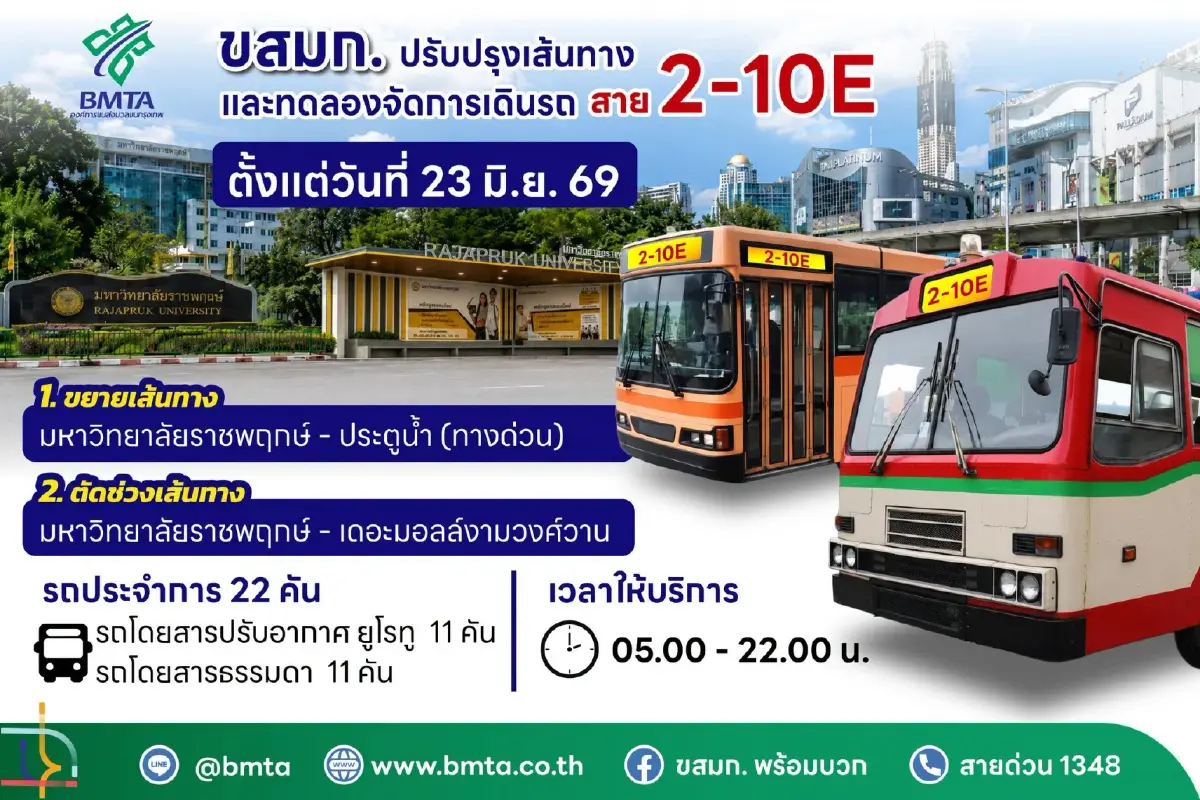 ขสมก. เริ่มทดลองวิ่งรถเมล์สาย 2-10E เส้นทางใหม่ ‘ม.ราชพฤกษ์-ประตูน้ำ’