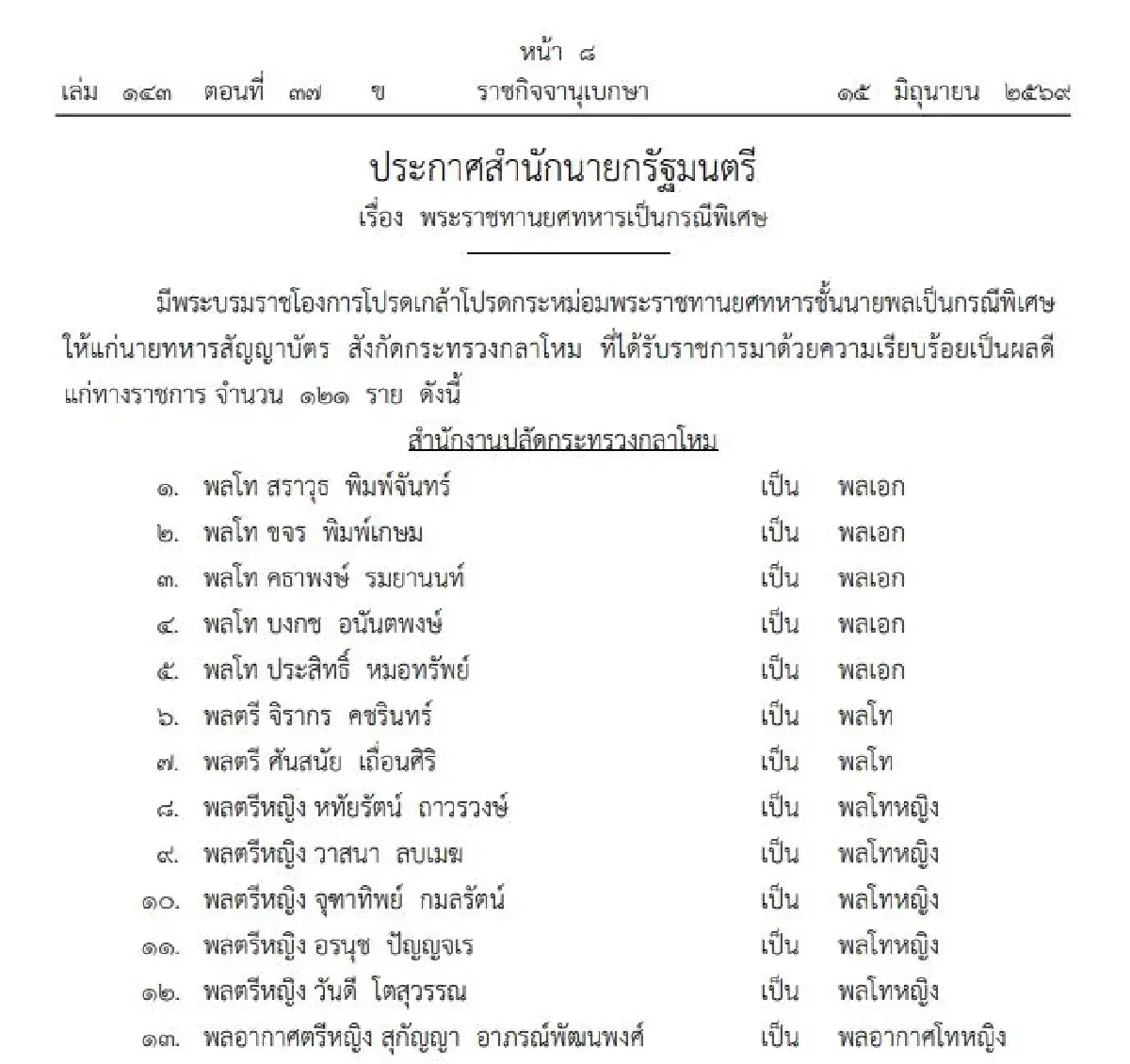 พระราชทานยศทหารชั้นนายพลกรณีพิเศษ 121 เช็กรายชื่อพลเอก-พลโทหญิง