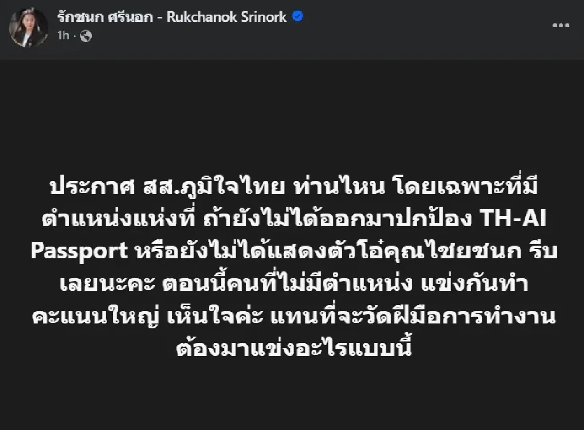 'รักชนก' แซะ สส.ภูมิใจไทย ให้รีบโอ๋ 'ไชยชนก' ป้องโครงการ TH-AI
