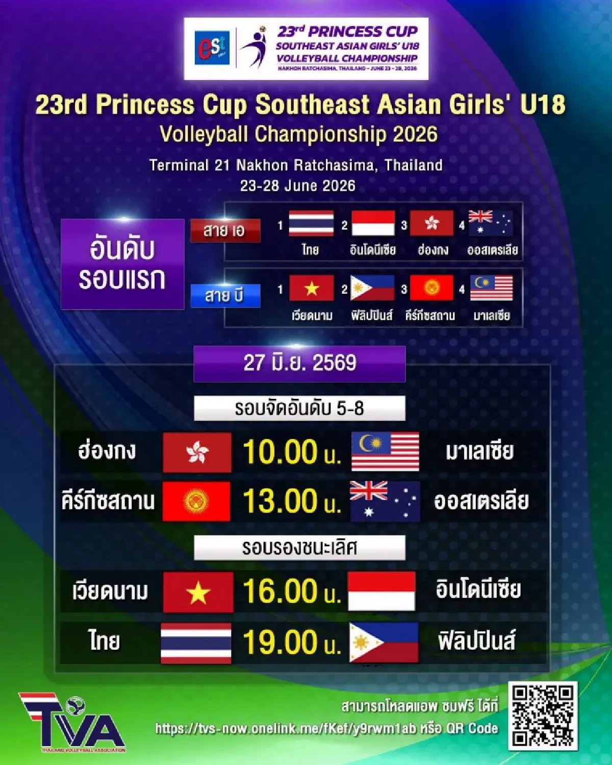 ตารางวอลเลย์บอลหญิง U18 ทีมชาติไทย ศึกปริ๊นเซส คัพ 2026 รอบรอง ดูสด