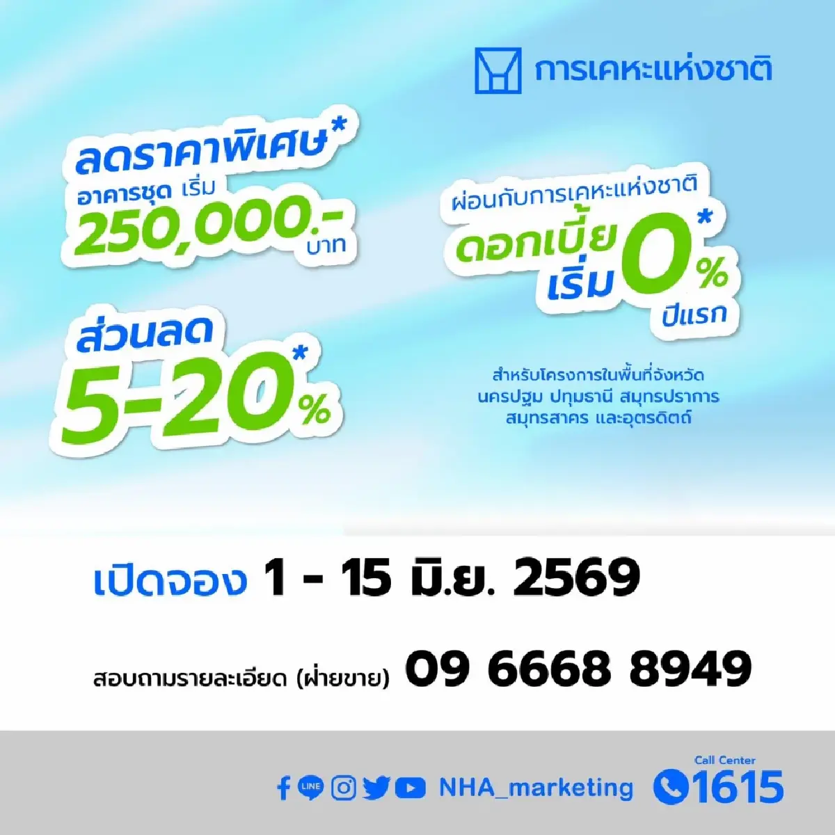 ทำเลดี การเคหะฯ ลดราคาบ้าน อาคารชุด ราคา 250,000 บาท ดอกเบี้ย 0%