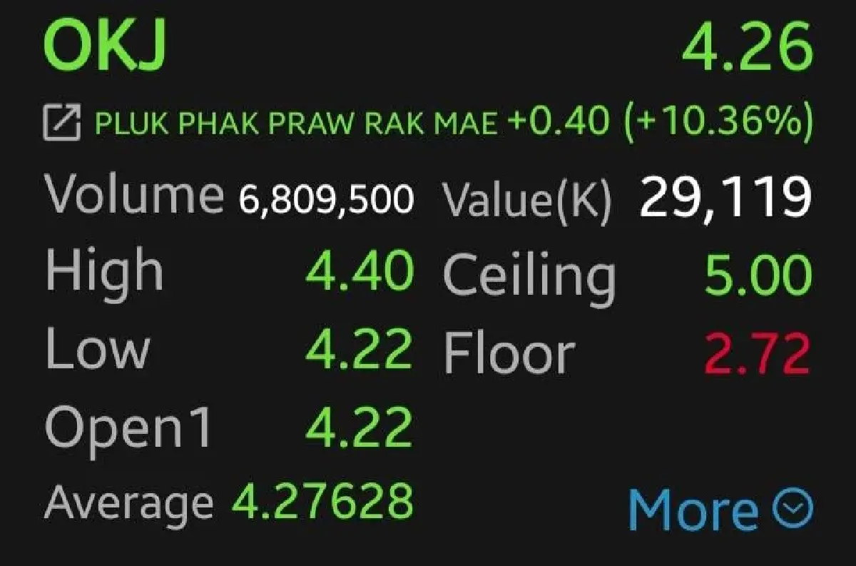 หุ้น OKJ วิ่งต่อวันที่ 2 พุ่งอีก 10.36%  โบรกชี้หลังเปิดแบรนด์ใหม่หนุนอนาคต