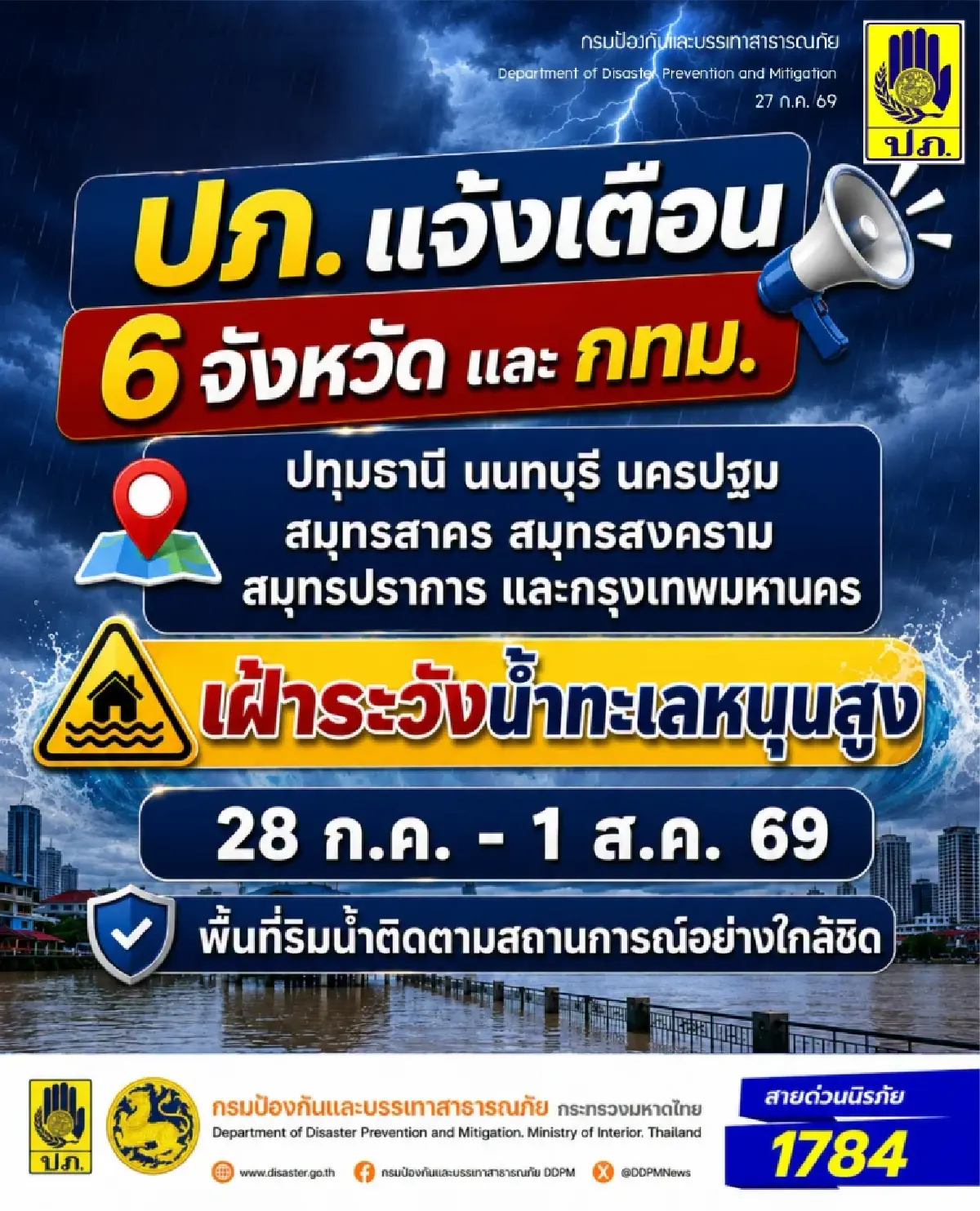 เช็กพื้นที่เสี่ยง รับมือ น้ำทะเลหนุนสูง-ล้นตลิ่ง 28 ก.ค. – 1 ส.ค. 69