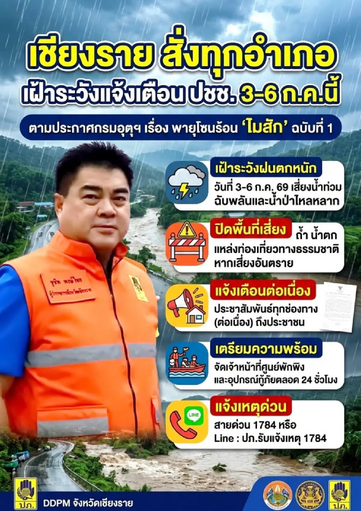 เชียงราย สั่งด่วน รับมือ 'พายุไมสัก' เฝ้าระวังน้ำท่วม-น้ำป่า 24 ชม.