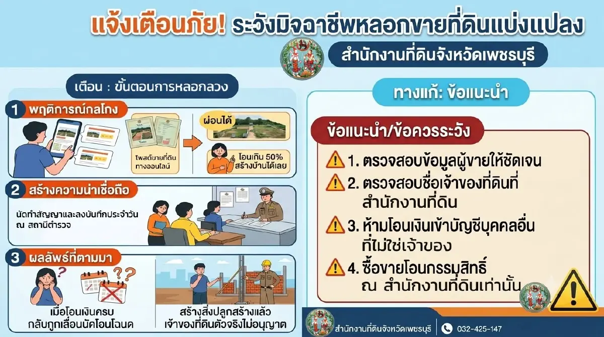 กรมที่ดิน เตือน ขายที่ดินแบ่งแปลงออนไลน์ โอนได้เมื่อผ่อนเกิน 50%