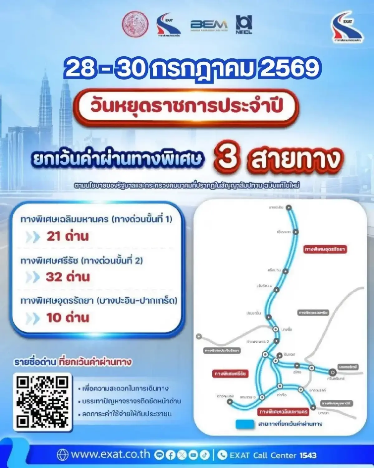 ขึ้นทางด่วนฟรี 63 ด่าน วันหยุด 28-30 ก.ค. 69 วิ่งยาวๆ ทั่วกรุงเทพ