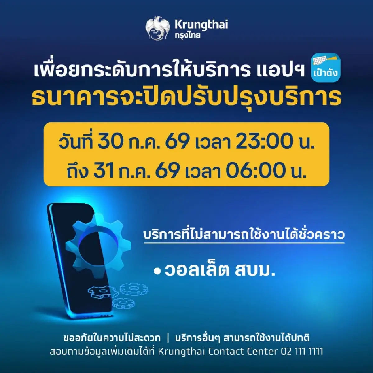 กรุงไทย แจ้งปิดปรับปรุง วอลเล็ต สบม. บนแอปฯ เป๋าตัง ชั่วคราว 30-31 ก.ค.นี้