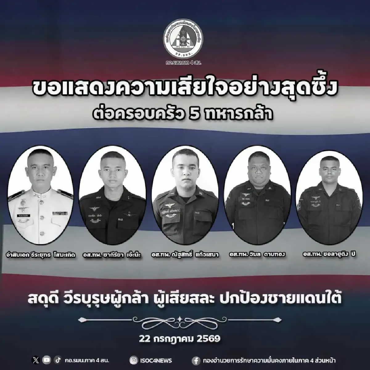สดุดี 5 ทหารกล้า ผู้เสียสละปกป้องชายแดนใต้ ถูกคนร้ายลอบยิง-ปาบึ้มจุดตรวจนราธิวาส