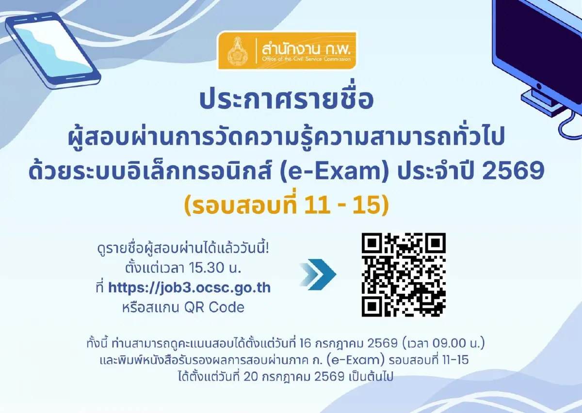 ด่วน! ประกาศรายชื่อ ผู้สอบผ่านสอบ ก.พ.69 เข้าระบบ job3.ocsc.go.th ดูผลสอบ