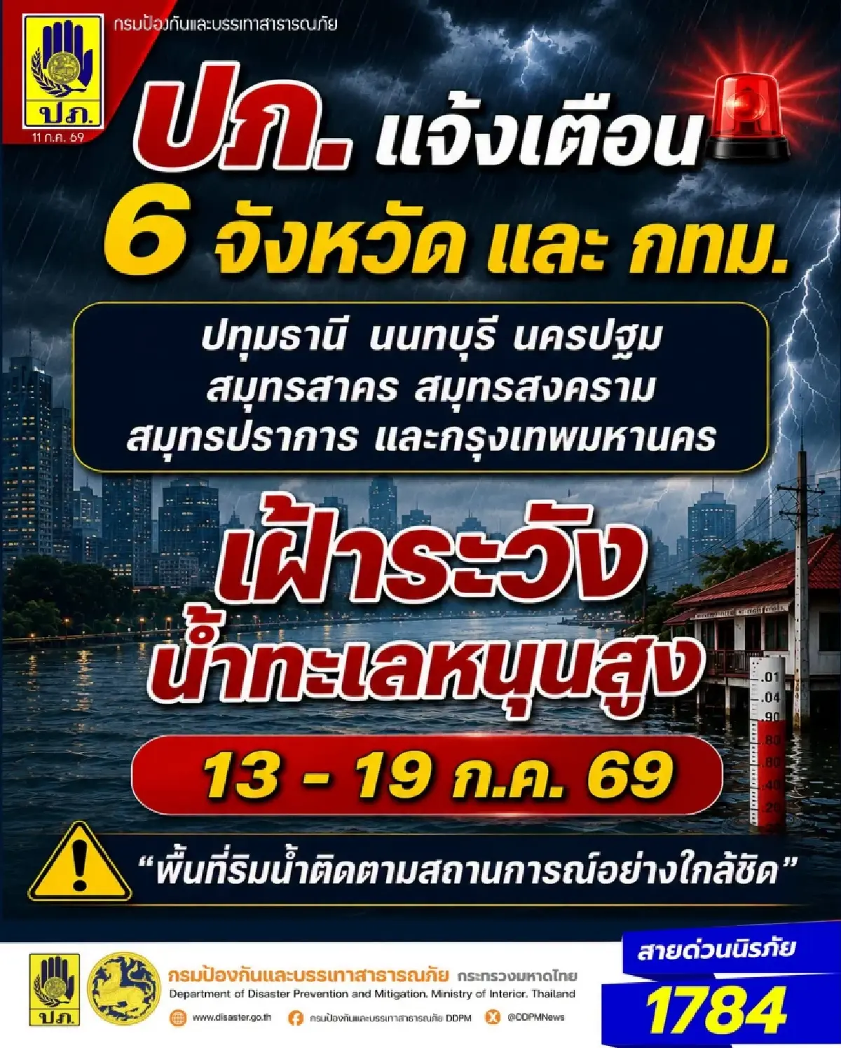ด่วน! เตือน กทม. - 6 จังหวัดภาคกลาง ระวัง น้ำทะเลหนุนสูง น้ำล้นตลิ่ง 13-19 ก.ค.นี้