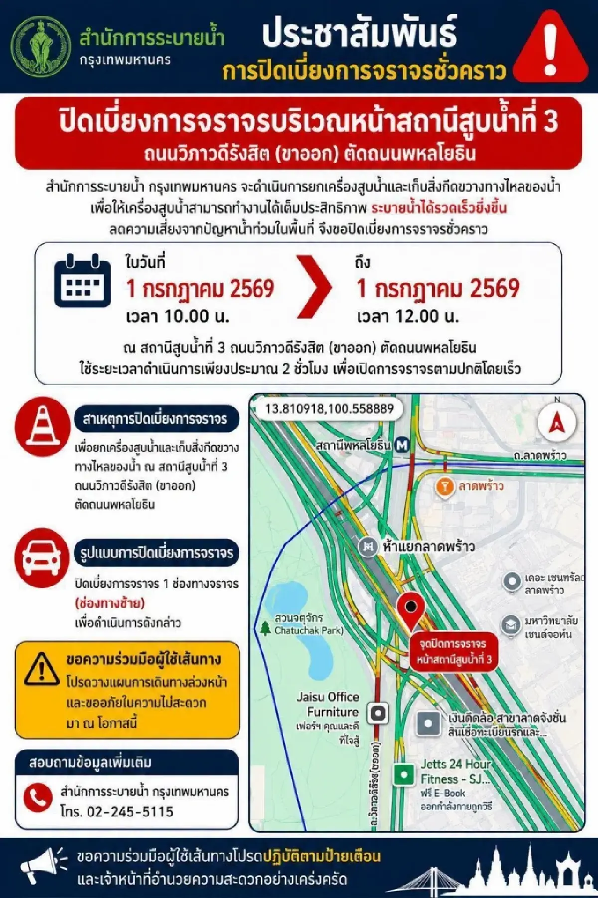 หลีกเลี่ยงห้าแยกลาดพร้าว ปิดถนน 1 ช่องทางวันนี้ ระวังรถติดหนึบ