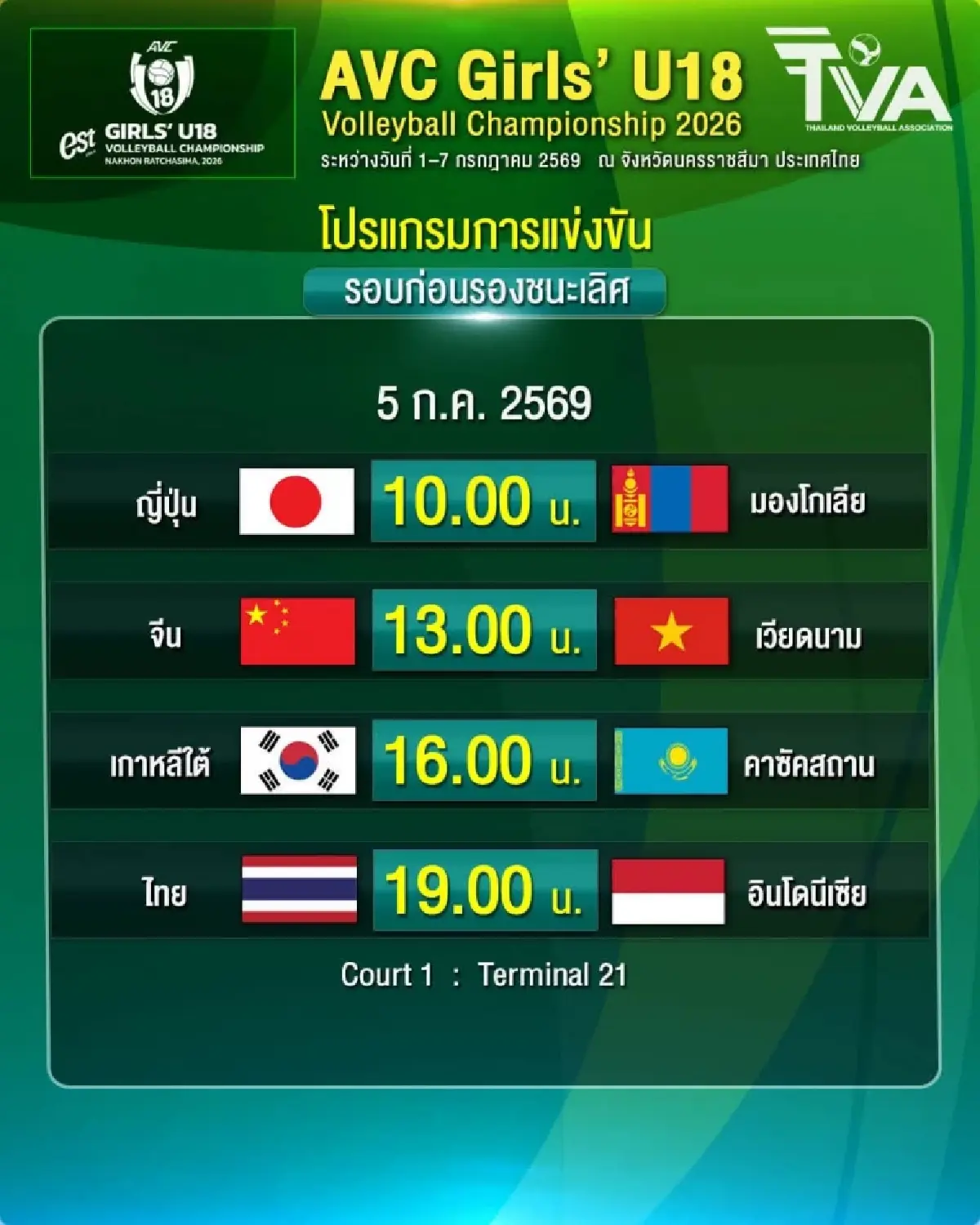 ตารางโปรแกรมวอลเลย์บอลหญิง U18 'ทีมชาติไทย' ชิงแชมป์เอเชีย 2026