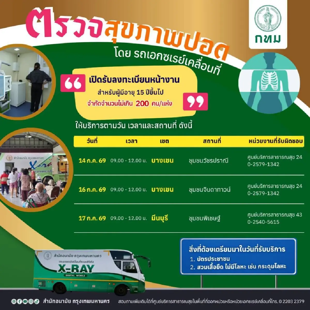 กทม. เปิดตรวจคัดกรองสุขภาพปอดฟรี ด้วยรถเอกซเรย์เคลื่อนที่ 16-17 ก.ค. 69