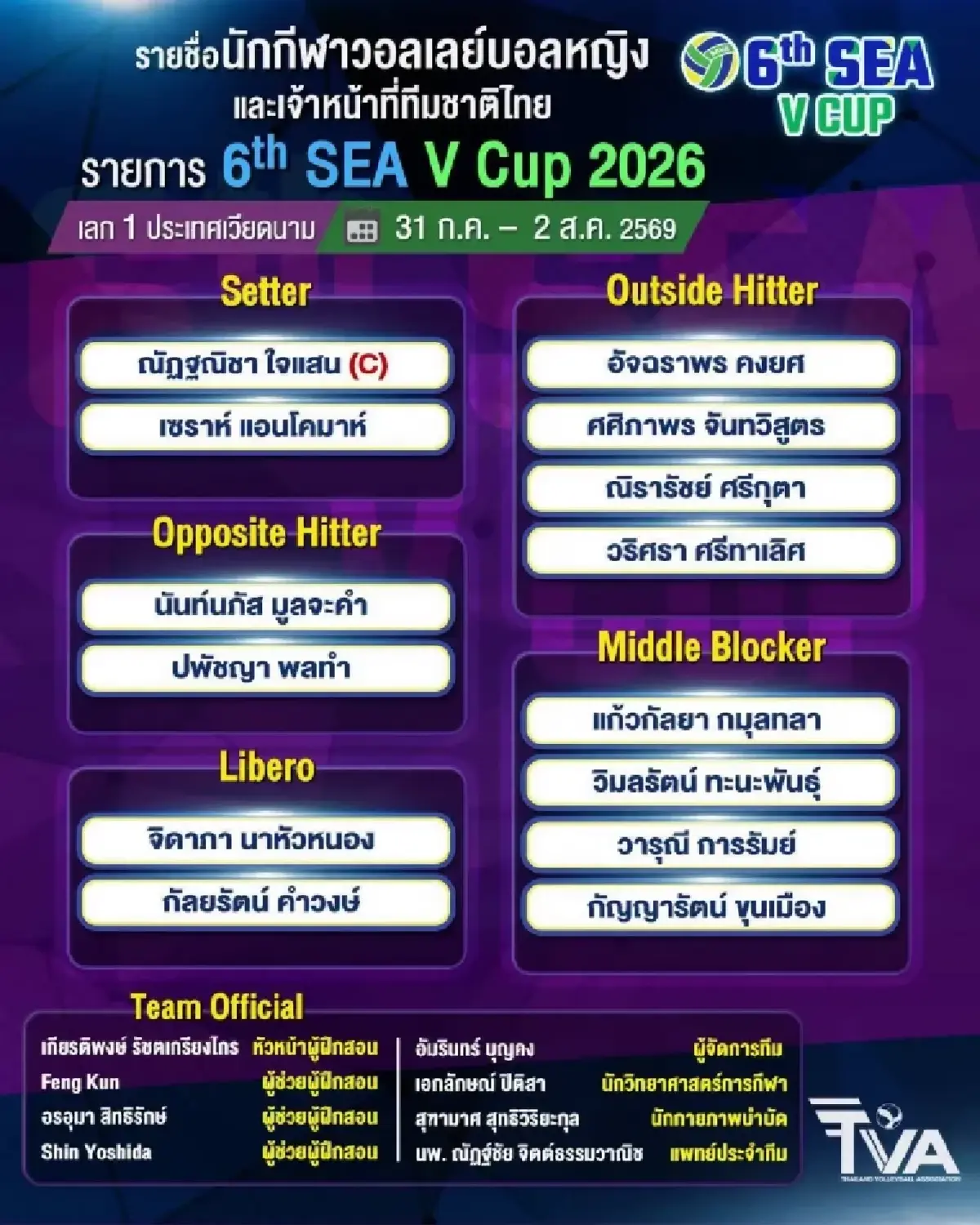 กัปตันนุกนิก นำทีมชาติไทย ลุย SEA V Cup 2026 เวียดนาม ดูโปรแกรมเชียร์ไทย