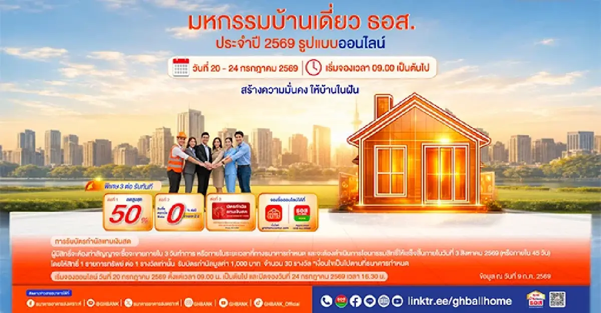 ธอส. จัดมหกรรมบ้านเดี่ยวออนไลน์ 2569 ลดสูงสุด 50% ดอกเบี้ย 0% นาน 2 ปี