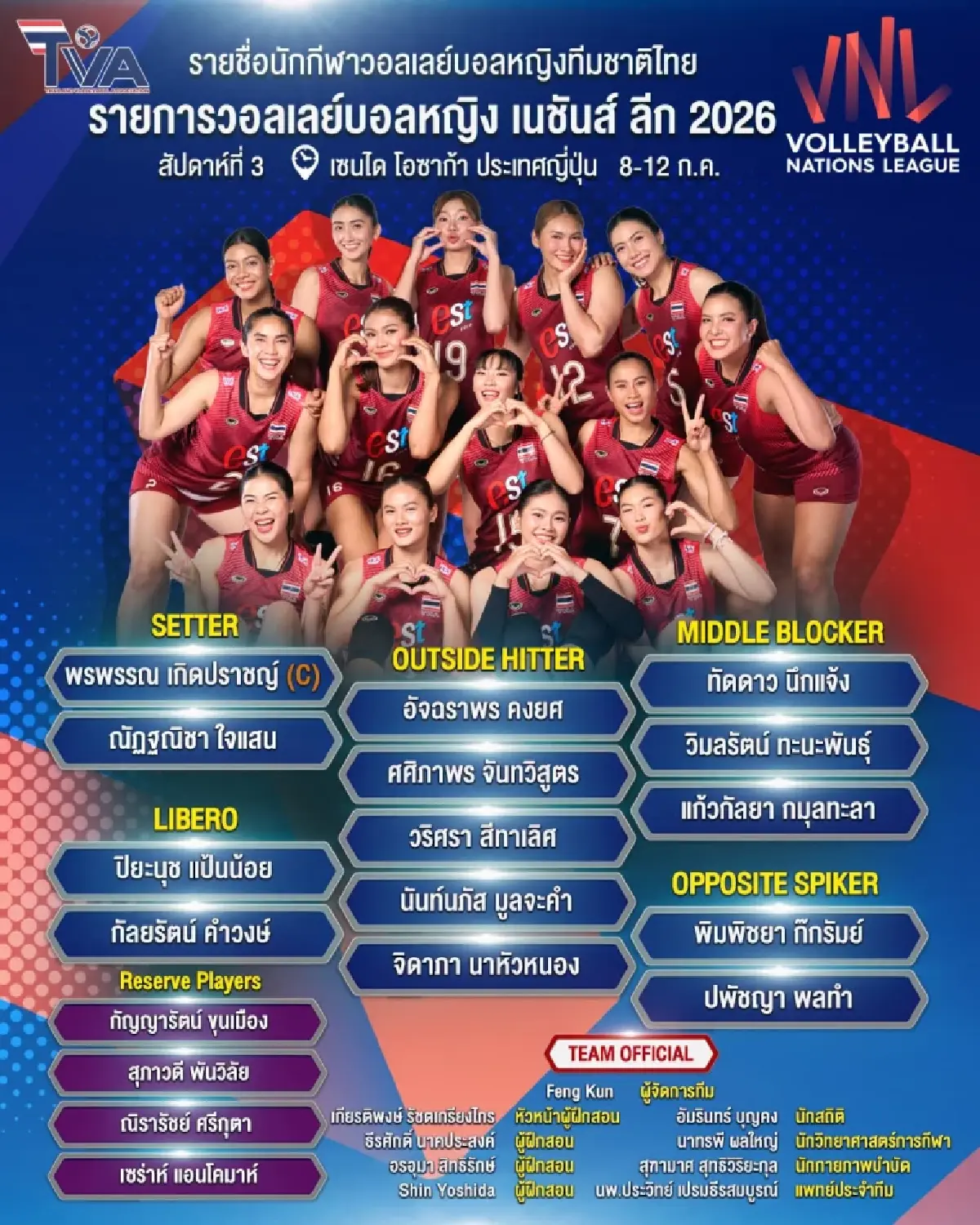 ตารางวอลเลย์บอลหญิง ทีมชาติไทย ชุดใหญ่ เนชันส์ลีก VNL 2026 ที่ญี่ปุ่น