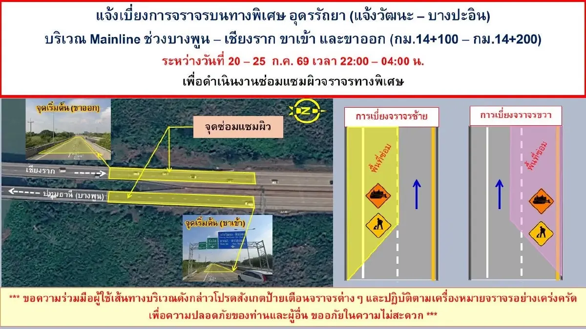 แจ้งเบี่ยงจราจร ทางพิเศษอุดรรัถยา ช่วงบางพูน-เชียงราก ซ่อมแซมผิวจราจร 20-25 ก.ค. 69