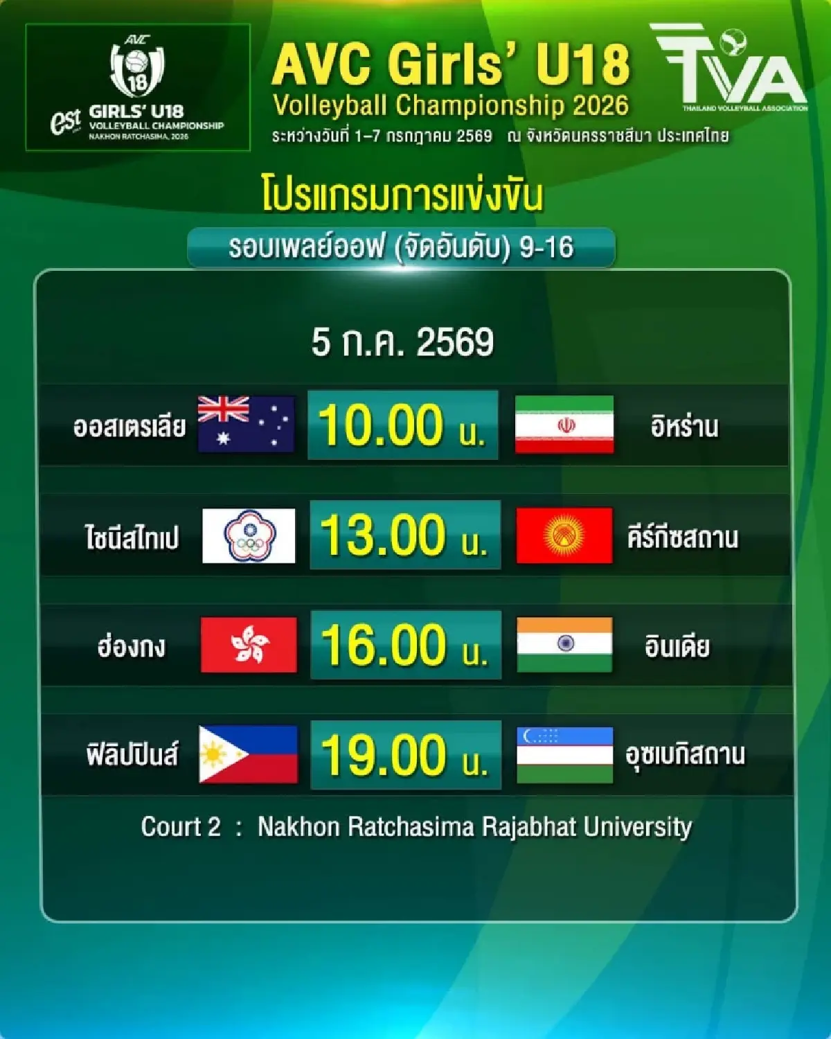 ตารางโปรแกรมวอลเลย์บอลหญิง U18 'ทีมชาติไทย' ชิงแชมป์เอเชีย 2026