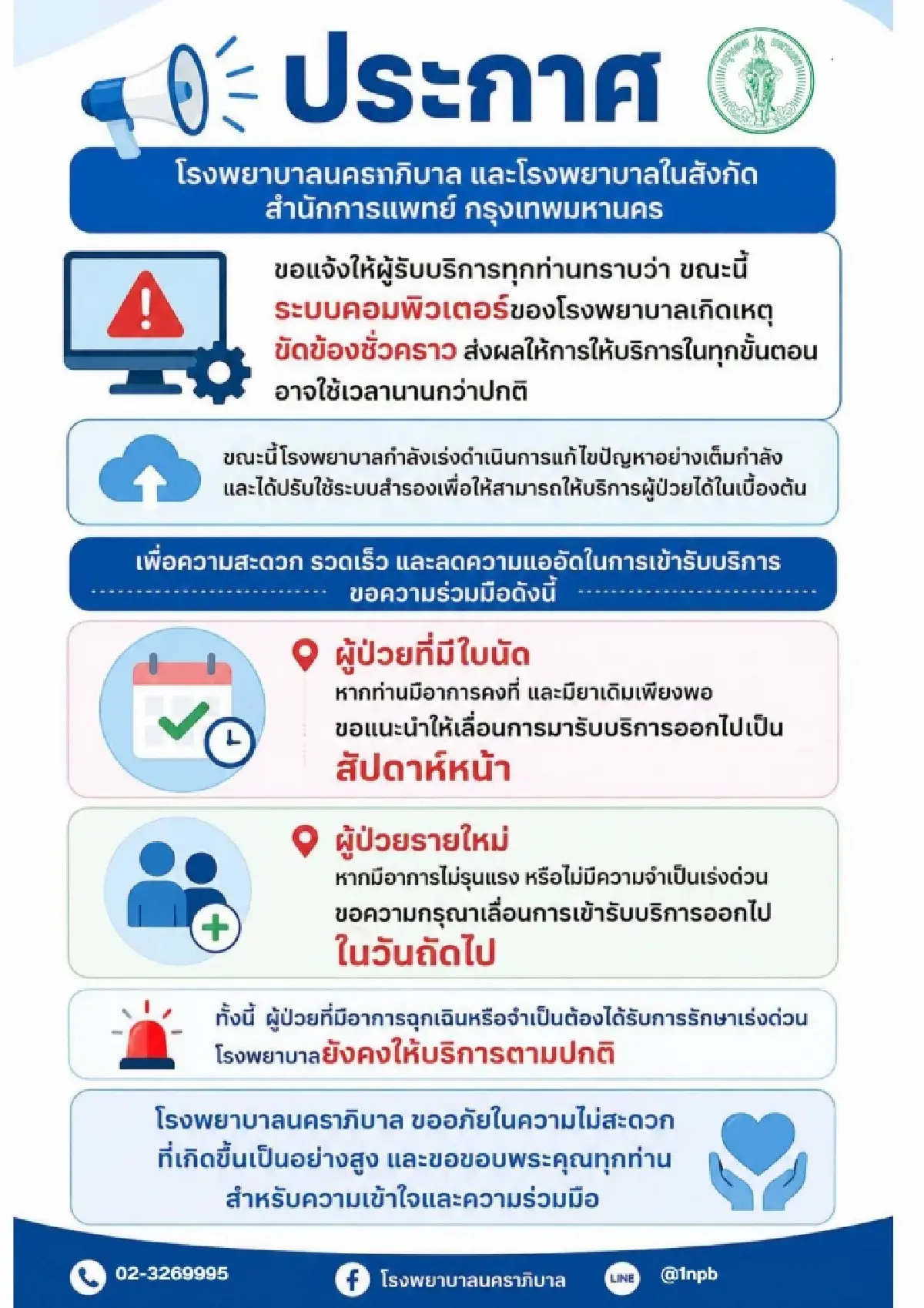 5 โรงพยาบาลใหญ่ กทม. ระบบคอมฯ ขัดข้อง คนไข้ ได้รับการบริการล่าช้า